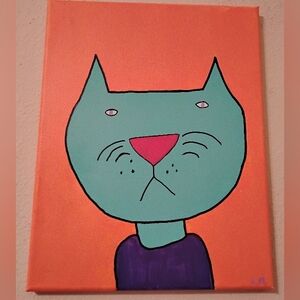 hand painted art on canvas cat portrait acrylic painting orange purple green